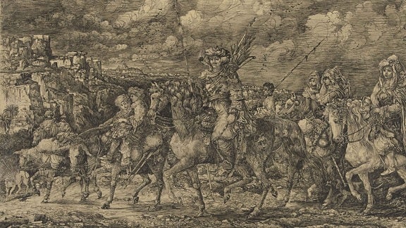 Hunnen-König mit Frauen Dienern und Rindern, Tuschezeichnung, Rodolphe Bresdin, 1859