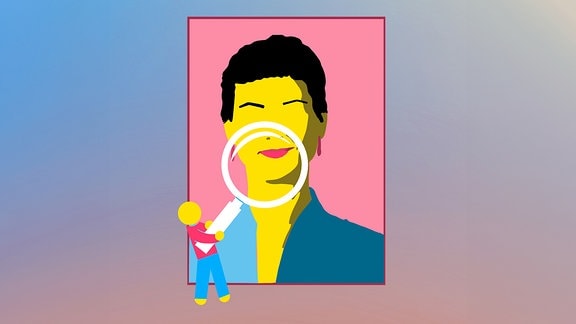 Illustration: Grafik eines Plakats Sarah Wagenknecht. Eine davor stehende Figur hält eine Lupe vor das Bild der Politikerin.
