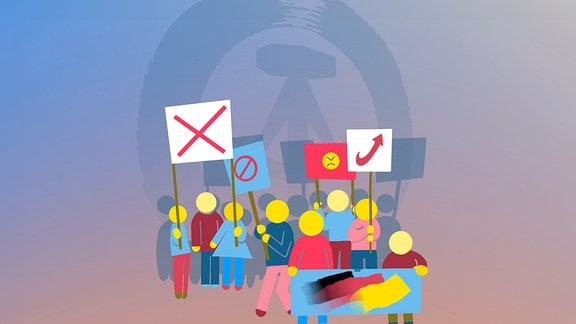 Menschen halten Schilder in die Luft, unter anderem mit dem Logo der Partei "Alternative für Deutschland". Im Hintergrund ist das Hammer und Sichel Wappen der DDR zu erkennen.