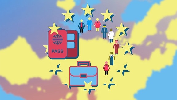 Schematische Darstelluing einer Europakarte, im Vordergrund die zwölf europäischen Sterne, eine Reihe von als Piktogramme dargestellten Menschen sowie ein roter Pass und ein blauer Koffer.