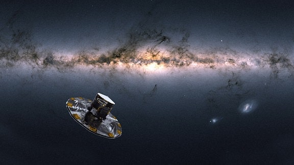 Eine Illustration vom Gaia-Weltraumteleskop der europäischen Raumfahrtbehörde Esa. Im Hintergrund der Weltraum-Collage befindet sich die leuchtende Milchstraße.