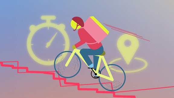 Ilustration: Ein Radfahrer fährt eine Treppe nach oben, im Hintergrund sind eine Stoppuhr und eine Ortsmarkierung in einer Karte zu sehen.