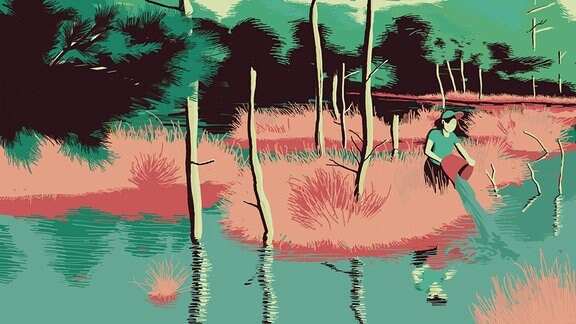 Illustration in entsättigten roten und grünen Farben. Person schüttet in Sumpflandschaft Wasser aus einem Eimer.