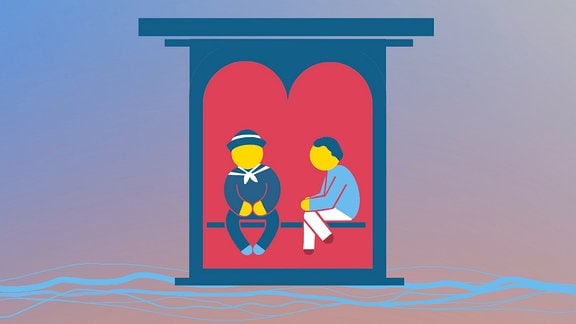 Illustration: Zwei Menschen sitzen in einer Art Wartehäuschen. Unter Ihnen sind Wellen zu erkennen. Einer von beiden trägt Matrosenkleidung.