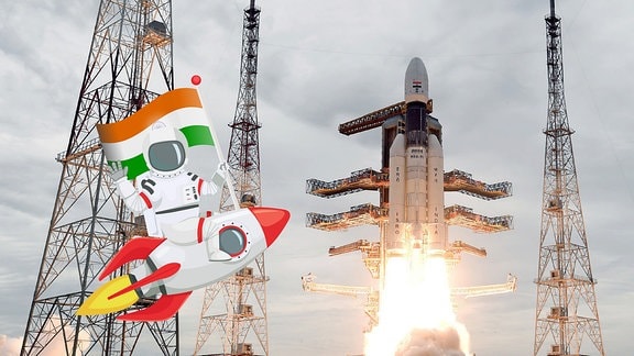 Eine Collage mit dem indischen Raketenstart zum Mond.