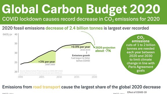 Eine Infografik zeigt in verschiedenen Diagramen und Abbildungen die Entwicklung des weltweiten Kohlenstoffdioxid-Ausstoßes im Jahr 2020. 