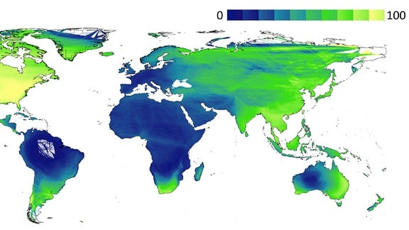Weltkarte der Unterrepräsentation von Schutzgebieten von Insekten. Je mehr gelb, umso mehr Insekten, die ohne passende Schutzgebiete auskommen müssen.