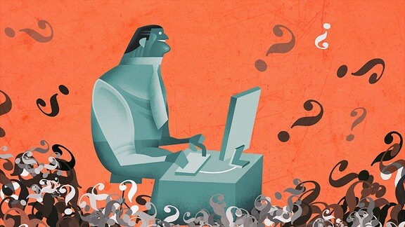 Grafik: Mann am Computer umgeben von Fragezeichen 