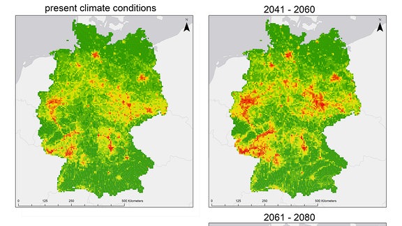 Die Grafik zeigt rote Gebiete in einigen Teilen Deutschlands. Hier könnten sich invasive Arten künfitg noch stärker ausbreiten. 