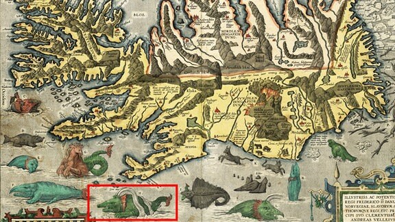 Eine mittelalterliche Karte von Island mit Fabeltieren