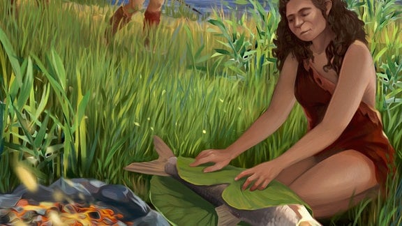 Illustration von Homininen, die Luciobarbus longiceps (Große Barbe, karpfenähnlicher Fisch) an den Ufern des Paläosees Hula verwerten und zubereiten