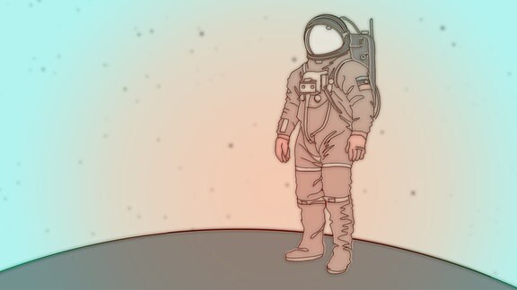 Raumfahrerrin oder Raumfahrer in typischem Anzug steht auf gekrümmter Oberfläche