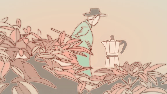 Illustration: Kaffeebauer streift durch Plantage, großer italienischer Mokka-Kocher wie Bialetti
