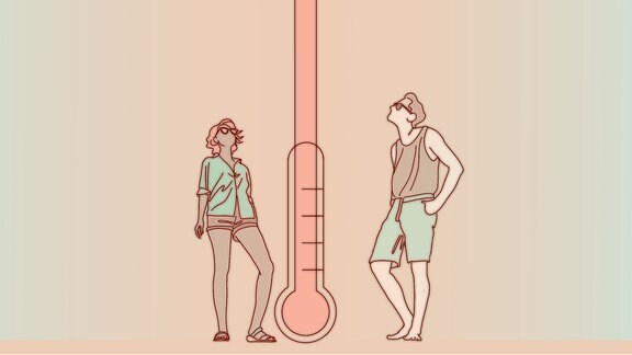 Illustration: Frau und Mann in Sommerkleidung und mit Sonnenbrille stehen neben großem Thermometer, dessen Füllstand aus dem Thermometer und Bild hinausreicht. Personen blicken nach oben.