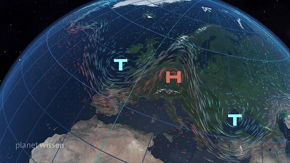 Eine Wetterkarte von Europa, die ein wellenartiges Windmuster über dem Kontinent zeigt.