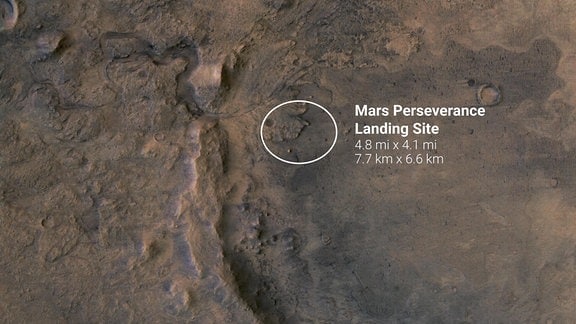 Luftbild des Jezero Kraters auf dem Mars, der Landestelle des Rovers Perseverance der NASA