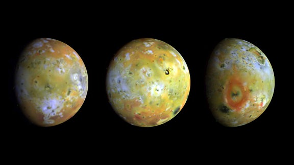 Collage verschiedener Ansichten des Jupitermondes Io 
