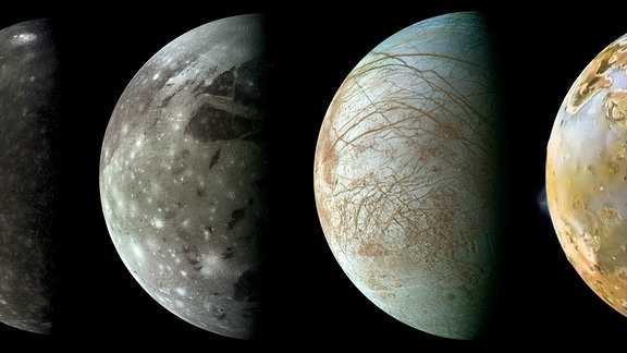 Eine Weltraum-Collage der Jupitersmonde Callisto, Ganymed, Europa und Io
