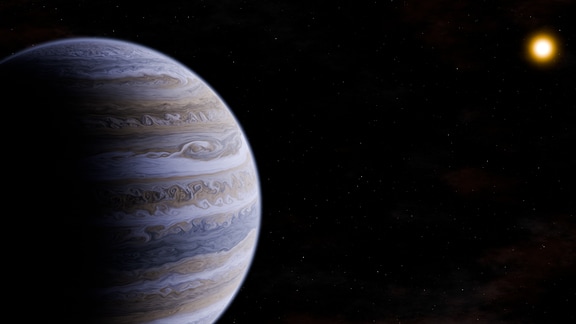 Illustration eines kühlen großen Gasplaneten, ähnlich wie Jupiter aber bläulich, und einer kleinen roten Sonne.