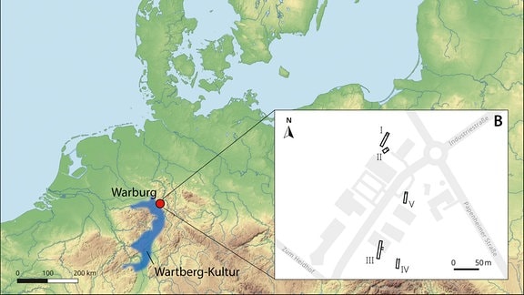 Für die Studie haben die Forschenden die Knochen von insgesamt 133 Menschen aus spätjungsteinzeitlichen Großsteingräbern bei Warburg, Nordrhein-Westfalen genetisch untersucht. Die Karte zeigt das Ausgrabungegebiet.