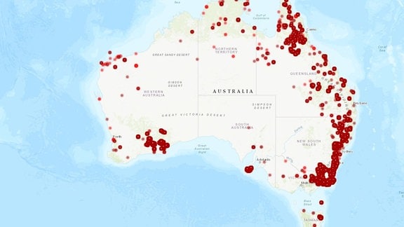 Karte von Australien mit mit roten Punkten. Starke Ansammlung der Punkte in Richtung Südost-Küste sowie Nordküste.