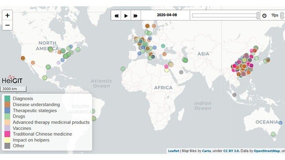 Vorschaubild auf eine interaktive Karte der Universität Heidelberg, die zeigt, wo überall auf der Welt geforscht wird, um die Coronakrise zu lösen.