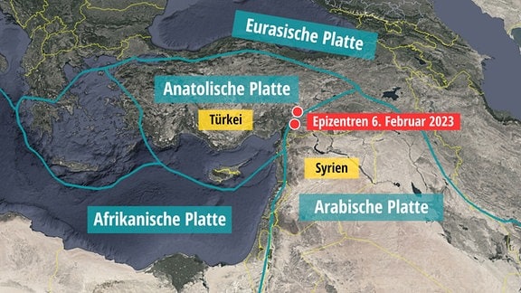 Karte mit den Epizentren der beiden schweren Erdbeben am 6. Februar 2023 im Osten der Türkei. Die Epizentren liegen nahe der Grenze zweier tektonischer Platten, der arabischen und der anatolischen.