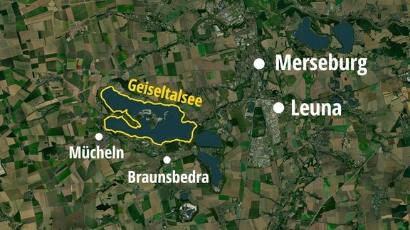 Der Geiseltalsee westlich von Merseburg und Leuna. An seinem Nordufer wurden viele Überreste von den ausgestorbenen Europäischen Waldelefanten gefunden.