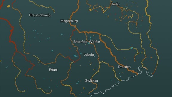Karte zeigt Flüsse und Gewässer im osten Deutschlands. Viele Flüsse wie z.B. die Elbe sind orange oder rot markiert, viele weitere gelb.