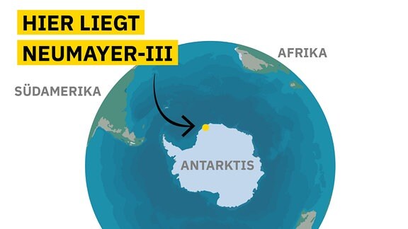 Karte zeigt Erde mit Antarktis in der Mitte. Marker der Neumayer-Drei-Station am Rand der Antarktis, etwa mittig zwischen den Südenden von Südamerika und Afrika gelegen.