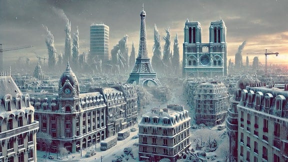 KI-generiertes Bild im Stile eine annähernd fotorealistischen Illustration mit vereisten Straßen und Altbauhäusern in Paris, im Hintergrund Eiffelturm und Kathedrale Notre-Dame de Paris, Eissäulen, leicht rötliche Abendsonne, Baukräne