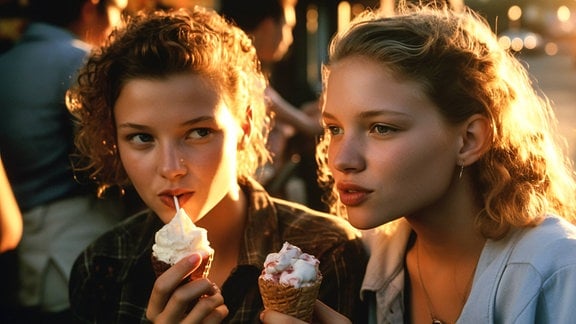 KI generiertes Bid von zwei Mädchen, die ein Eis essen