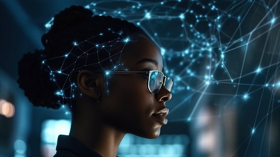 Illustration - Generatives KI-Bild der Seitenansicht einer afroamerikanischen Frau mit Brille, die wegschaut, während ein neuronales Netzwerk in blauen Neonlichtern denkt, die Punkte vor verschwommenem Hintergrund verbinden. 