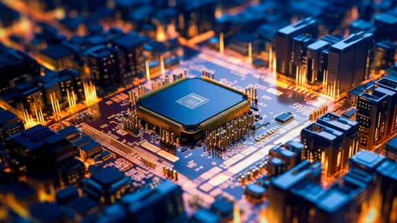 Illustration - Surreales Science-Fiction-Stadtbild einer Mikrostadt mit Mikrochip, Prozessor, Elektronik und Schaltkreis.