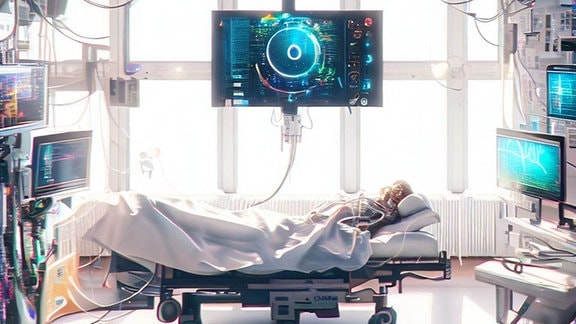 Ein KI-generiertes Bild einer KI, die in der Intensivstation über einen Patienten wacht.