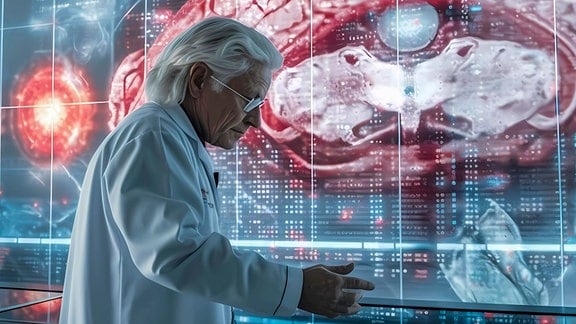 Mann vor Visualisierung eines Gehirn (inszeniert)