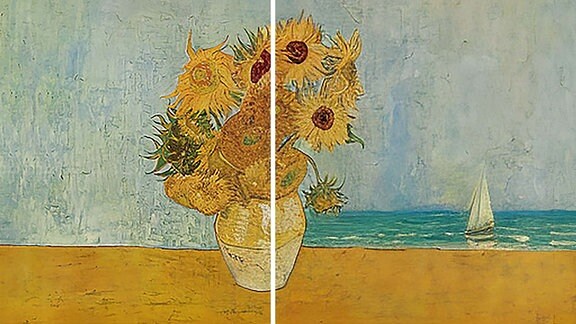 Das Gemälde 12 Sonneblumen in einer Vase von Vincent Van Gogh, ein Teil original, ein Teil mit KI-generiertem Segelboot im Hintergrund