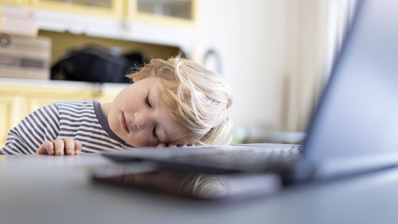 Ein Kind schläft vor seinem Laptop