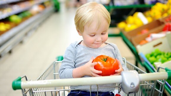 Kleinkind sitzt im Einkaufswagen und hält eine Tomate