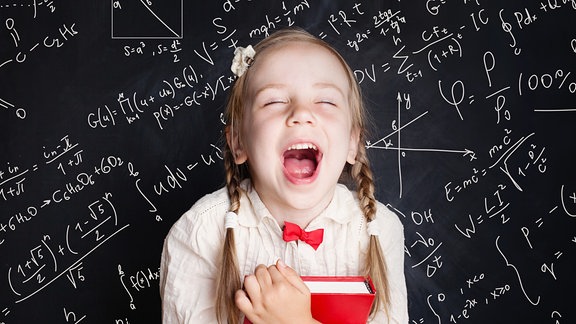 Ein Mädchen schreit vor eine Tafel mit mathematischen Formeln und Zahlen und umklammert ein rotes Buch