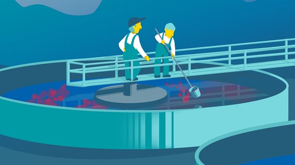 Illustration: Zwei Männer stehen an einem Klärbecken und tauchen eine Stange mit einem Becher am Ende ins Wasser. Im Wasser sind rote Viren symbolisch dargestellt.
