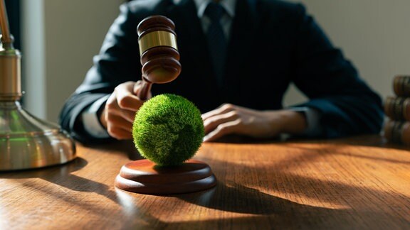 Nahaufnahme: Holzstisch mit grüner Erd-ähnlicher grasbewachsener Kugel, darüber Hammer wie vor Gericht, gehalten von Richter, teilweise unscharf im Hintergrund