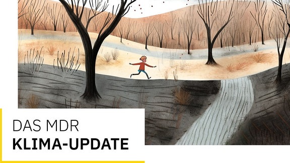 Ein Kind läuft durch eine dystopische Naturlandschaft, Illustration im Comic-Stil 