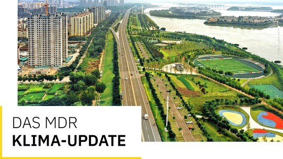Titelgrafik des MDR Klima-Updates, neben dem Schriftzug ist eine Luftaufnahme einer chinesichen Großstadt zu sehen, in der es zwischen den Hochhäusern und neben den großen Verkehrswegen jede Menge Grünanlagen gibt.