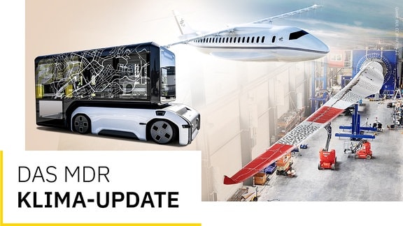 Collage, die ein Flugzeugkonzept, das autonome Fahrzeug U-Shift und ein Windradflügel in einer großen Halle zeigt.