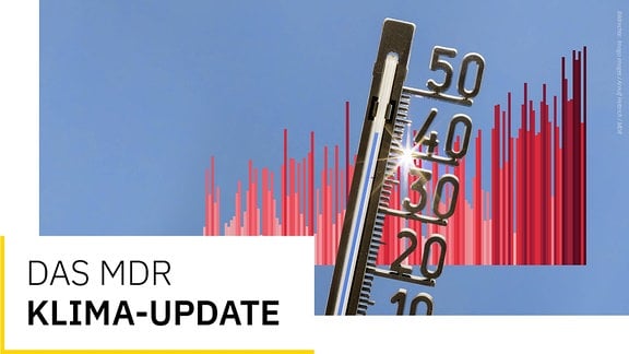 Covergrafik des Newsletters MDR Klima Update, neben dem Titel sind im Hintergrund ein Thermometer und rote Säulen zu sehen, die die Jahrestemperaturen der vergangenen Jahre illustrieren.