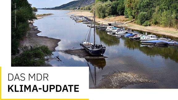 Covergrafik Klima Update 52, neben der Titelschrift ist ein Schiff zu sehen, dass auf einer Sandbank im Rhein trocken liegt, weil im Fluss kaum noch Wasser vorhanden ist.