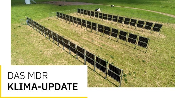 Covergrafik mit der AUfschrift Klima-Update. Daneben ist ein Feld mit senkrecht aufgestellten Solarpanelen zu sehen.