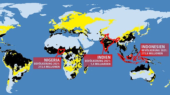Eine Weltkarte, die in schwarz bald zu heiße Gebiete der Erde darstellt, u.a. Mexiko, Westafrika, Indien und Indonesien.