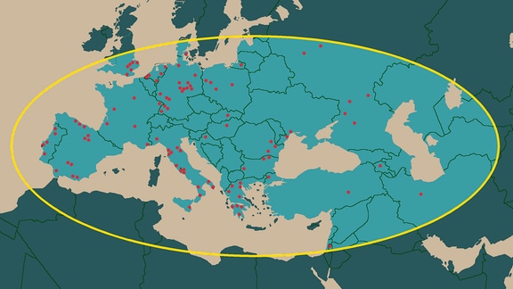 Karte des ungefähren Ausbreitungsgebietes des heute ausgestorbenen Europäischen Waldelefanten im Pleistozän. Rot markierte Punkte stehen für Fundorte von Überresten der Tierart.